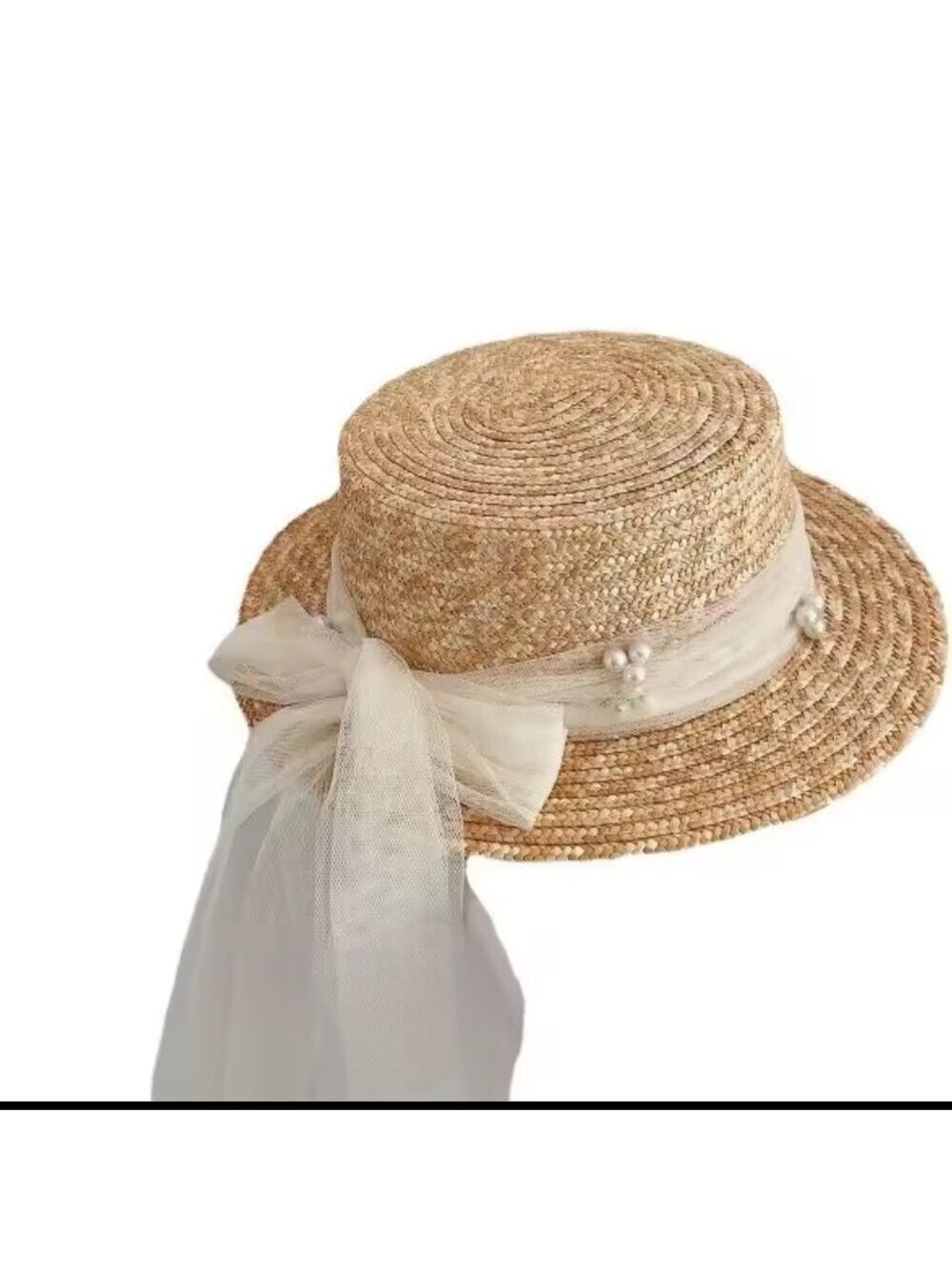 Elegant kids  Straw Hat with Tulle and Pearl Accents